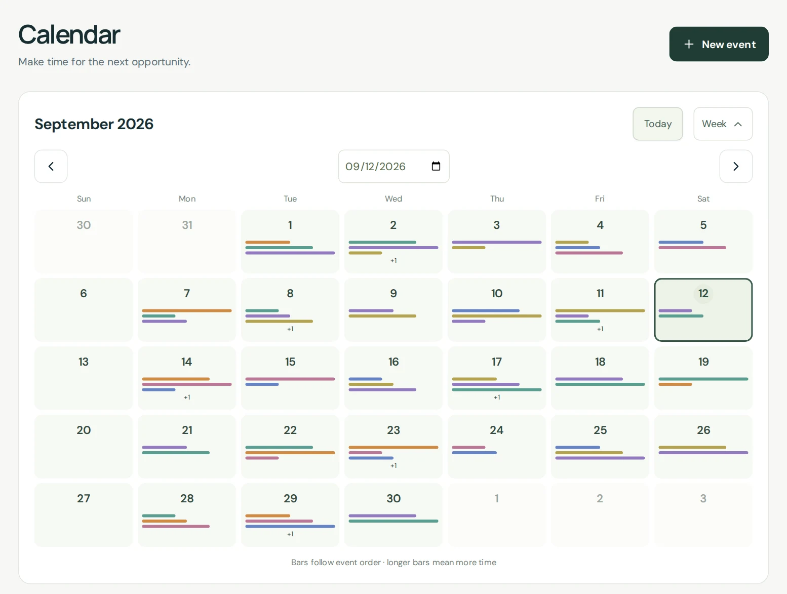 BRIX desktop calendar in September 2026 month view, populated with estimates, walkthroughs, and site visits across 26 working days.
